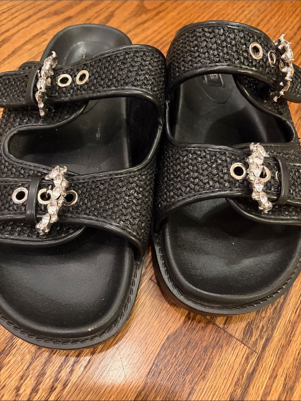 RACHEL Rachel Roy Black Braided Slide Sandals with Crystal Buckles